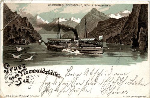 Gruss aus Vierwaldstätter See - Dampfer Stadt Luzern - Litho