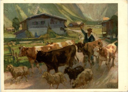 Heimkehr von der Alp - Künstlerkarte Hodler