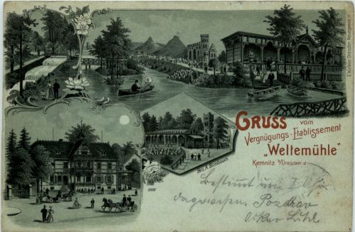 Gruss vom Etablissement Weltemühle Kemnitz bei Dresden - Litho