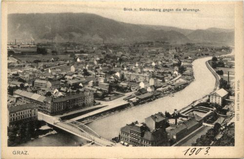Graz/Steiermark - Graz, Blick vom Schlossberg gegen die Murenge