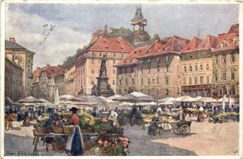 Graz/Steiermark - Graz, Hauptplatz mit Schlossberg - Künstlerkarte