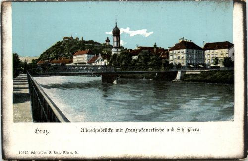 Graz, Ulbrechtsbrücke mit Franziskanerkirche und Schlossberg