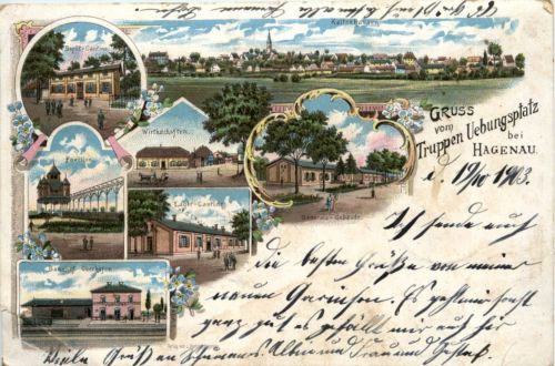Gruss vom Truppenübungsplatz bei Hagenau - Litho