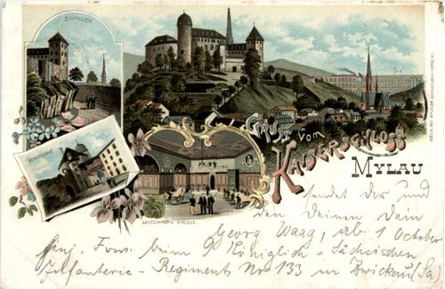 Gruss vom Kaiserschloss Mylau - Litho