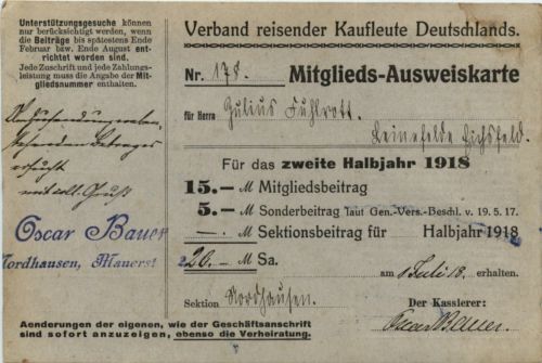 Mitglieds Ausweiskarte - Verband reisender Kaufleute 1918