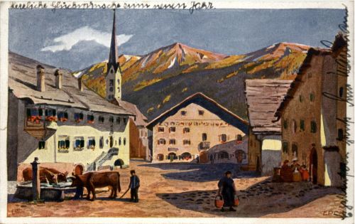 Zouz - Dorfplatz mit Weiss Kreuz