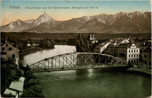 Villach, Draubrücke mit den Karawanken, Mittagskogel