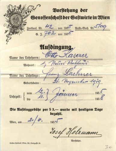 Vorstehung der Genossenschaft der Gastwirte in Wien - Aufdingung