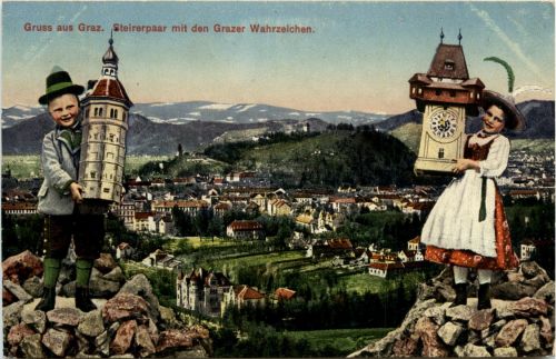 Graz/Steiermark - Gruss aus Graz - Steirer Paar mit den Grazer Wahrzeichen