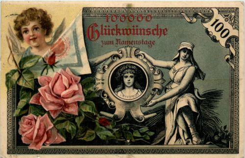 Namenstag - Geldschein auf Ansichtskarte