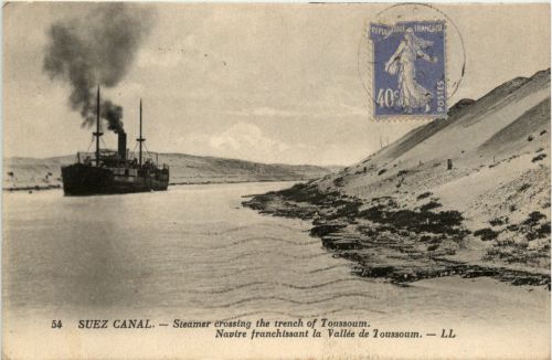 Suez Canal - Steamer crossing the trench of Toussoum