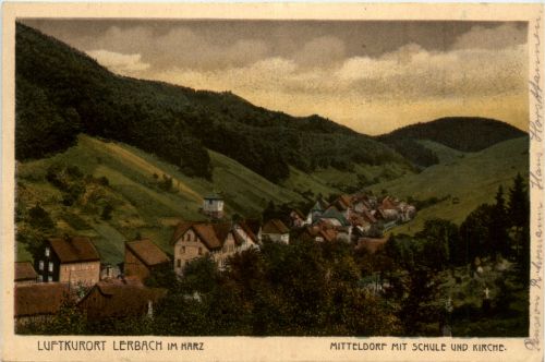 Kurort lerbach im harz, Mitteldorf mit Schule und Kirche