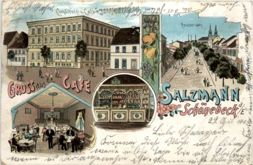 Gruss aus Cafe Salzmann Schönebeck Elbe - Litho