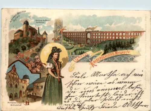 Gruss vom Kaiserschloss Mylau - Litho