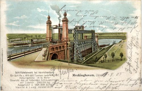 Meckinghoven . Schiffshebewerk bei Henrichenburg - Litho