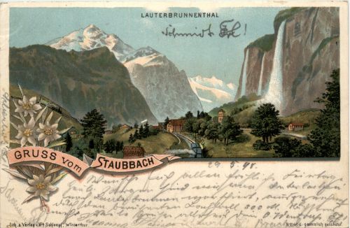 Lauterbrunnen - Gruss vom Staubbach - Litho