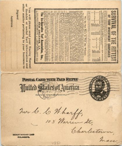 Turf Association - New Orleans - Postcard with Paid reply