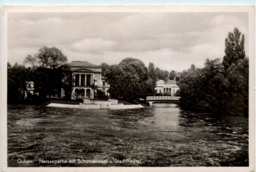 Guben, Neissepartie mit Schützeninsel u. Stadttheater