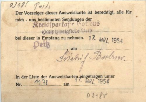 Peitz - Post Abholer Ausweis