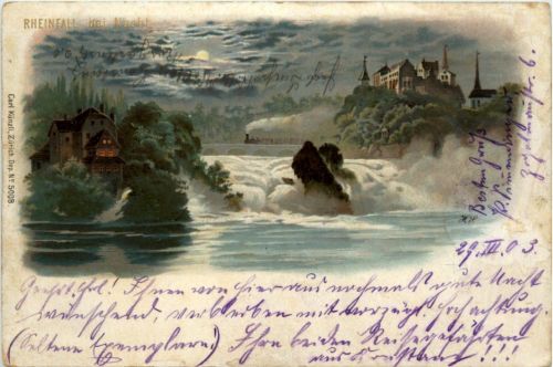 Schaffhausen - Rheinfall bei Nacht - Litho Künzli
