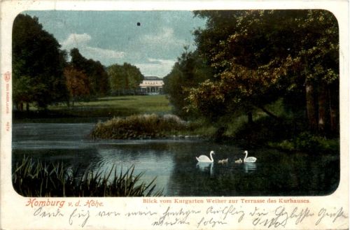 Homburg v.d. Höhe, Blick vom Kurgarten Weiher zur Terrasse es Kurhauses