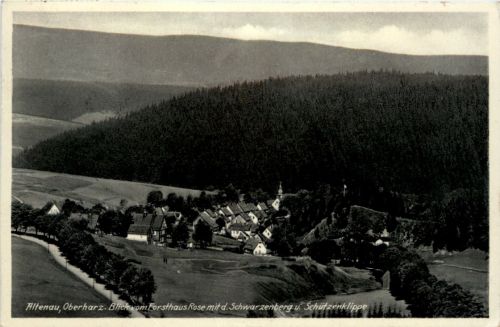 Altenau im Harz, Blick vom Forsthaus Rose mit d. Schwarzenberg u.Schütze
