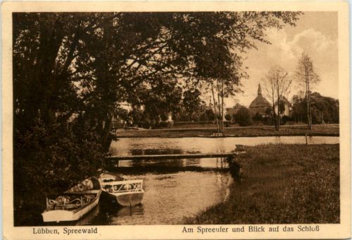 Spreewald, Lübben, am Spreeufer und Blick auf das Schloss