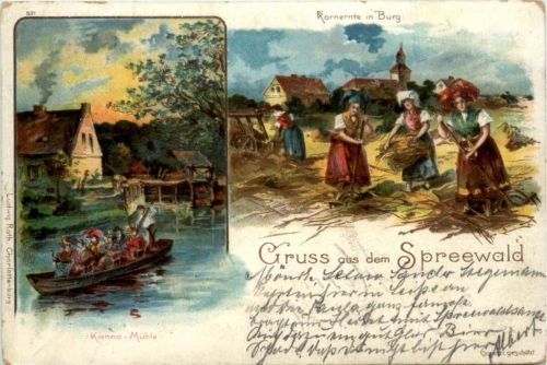 Gruss aus dem Spreewald - Kornernte in Burg- Litho