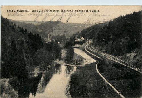Blick von der Elstertalbrücke nach der Barthmühle, Vogtl. Schweiz