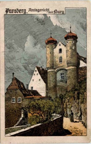 Parsberg - Amtsgericht mit Burg - Künstler-AK Eugen Felle