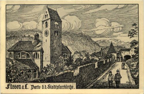 Füssen - Partiue an der Stadtpfarrkirche - Künstler-AK Eugen Felle