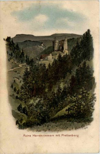 Ruine Herrenzimmern mit Plattenberg - Künstler-AK Eugen Felle