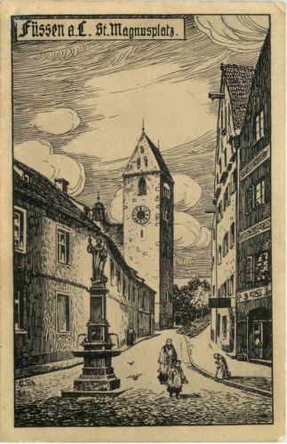Füssen - St. Magnusplatz - Künstler-AK Eugen Felle