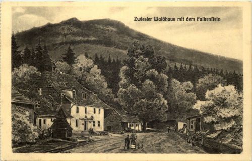 Zwiesler Waldhaus mit dem Falkenstein - Künstlerkarte Pernat