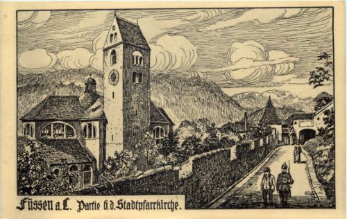 Füssen - Partie bei der Stadtpfarrkirche - Künstler-AK Eugen Felle