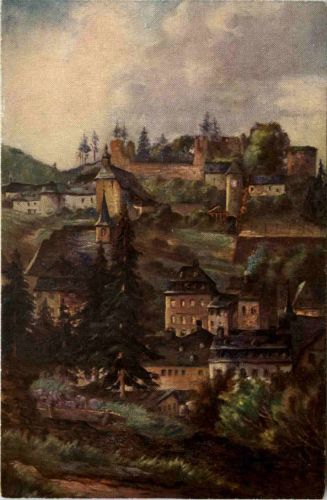 Montjoie-Monschau-Eifel, Blick auf Schlossruine und Kloster