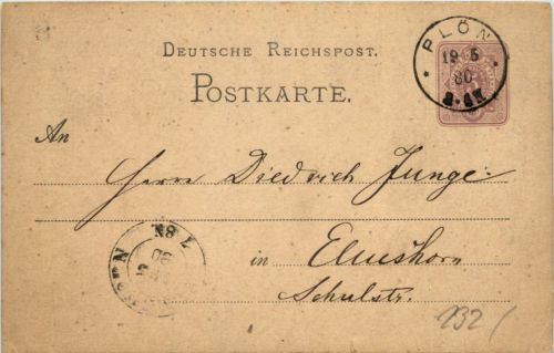 Ganzsache Plön gelaufen 1880