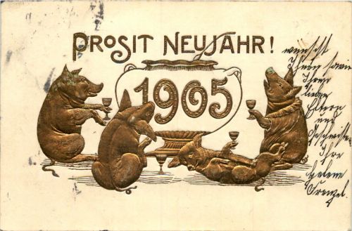 Neujahr - Jahreszahl - Prägekarte Schweine