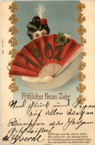 Neujahr- Frau mit Fäscher Jahreszahl 1902