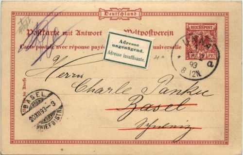 Ganzsache mit Antwortteil gelaufen in Unna 1893