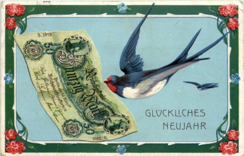 Neujahr - Geld auf Ansichtskarte - Prägekarte