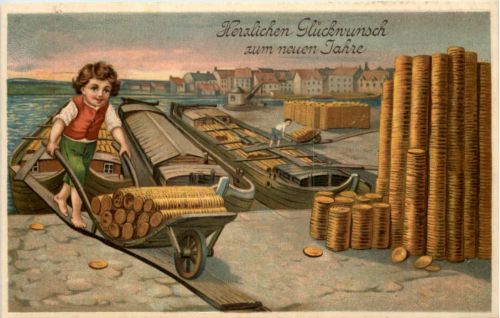 Neujahr - Geld auf Ansichtskarte - Prägekarte