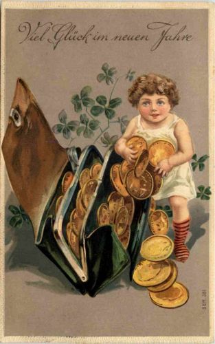 Neujahr - Geld auf Ansichtskarte - Prägekarte