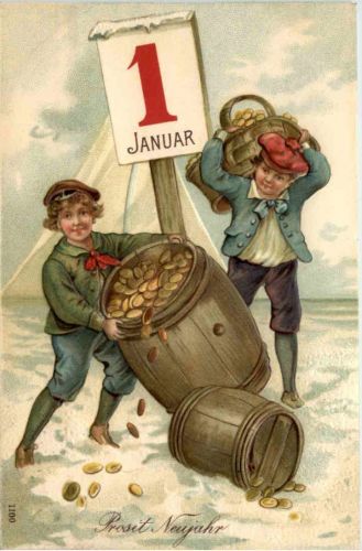 Neujahr - Geld auf Ansichtskarte - Prägekarte
