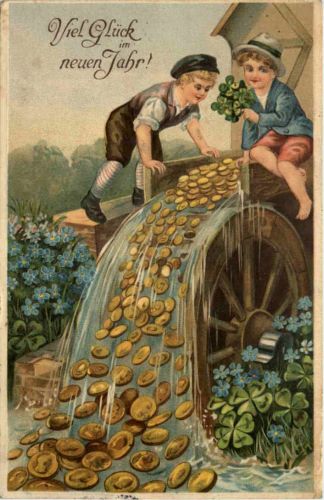 Neujahr - Geld auf Ansichtskarte - Prägekarte