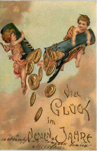 Neujahr - Geld auf Ansichtskarte - Prägekarte