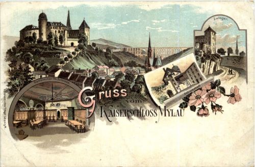 Gruss vom Kaiserschloss Mylau - Reichenbach - Litho