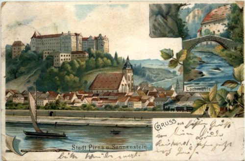 Stadt Pirna und Sonnenstein - Litho
