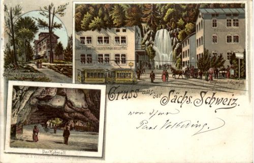 Gruss aus der Sächs. Schweiz - Lichtenhainer Wasserfall - Litho - Bahnpost
