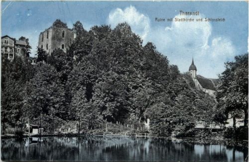 Tharandt, Ruine mit Stadtkirche und Schlossteich